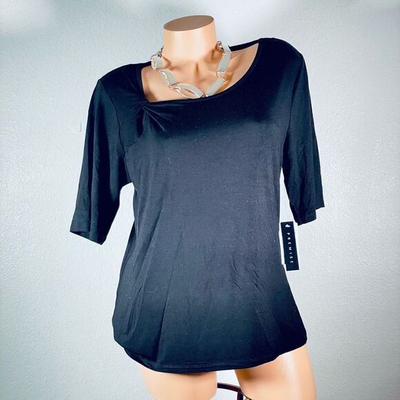 NWT Premise XL Black Short Sleeve V-Twist Neck Drape Front Top - Picture 1 of 12